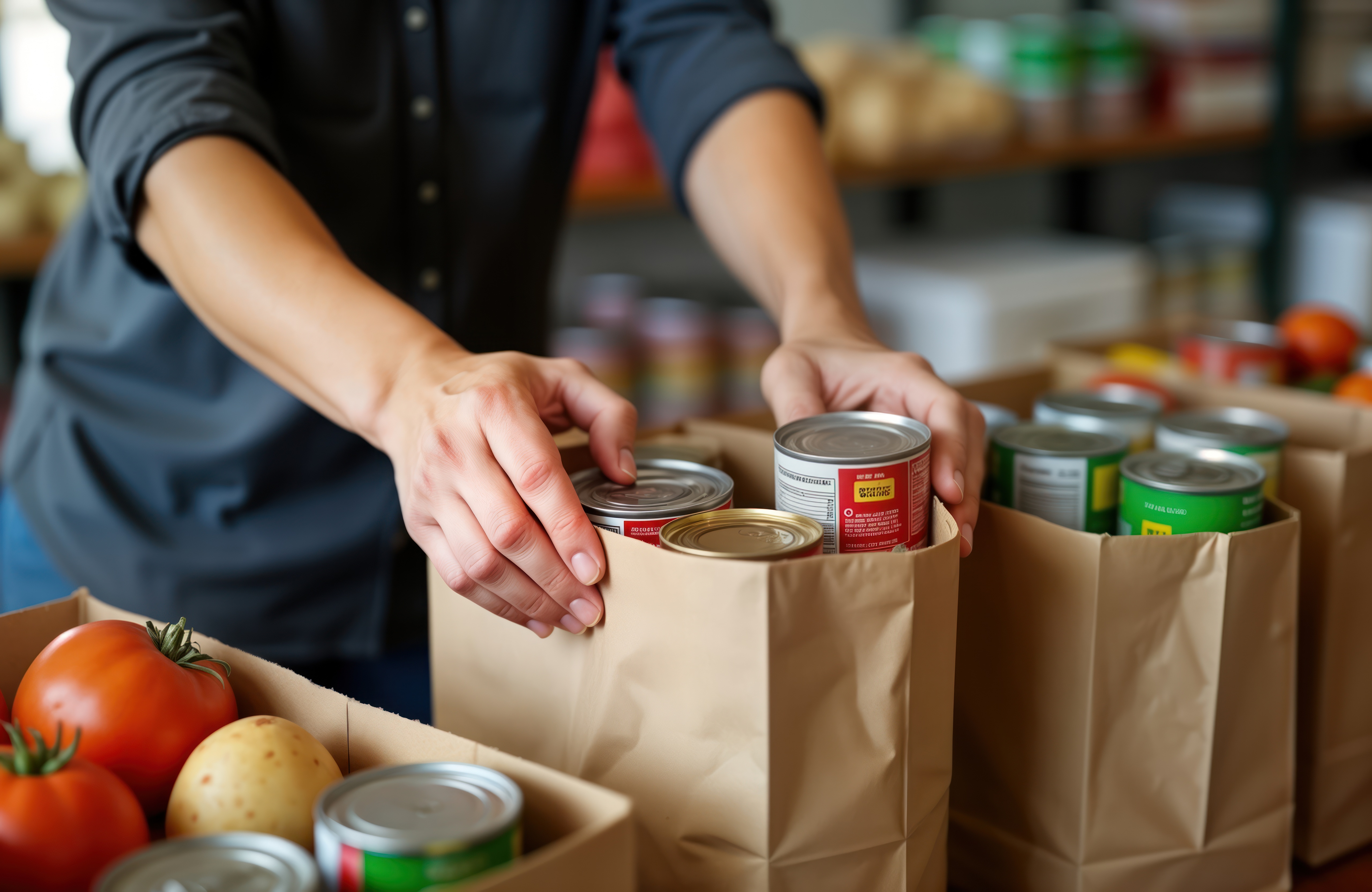 Close-up of hands packing canned food into paper bags at a food bank.